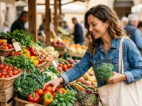 Una donna sorridente fa la spesa scegliendo verdura fresca di stagione per risparmiare sui prezzi del supermercato.