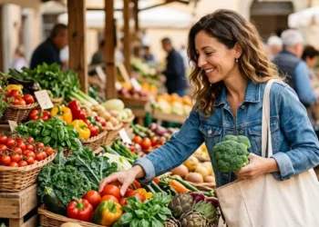 Spesa intelligente e risparmio Una donna sorridente fa la spesa scegliendo verdura fresca di stagione per risparmiare sui prezzi del supermercato.