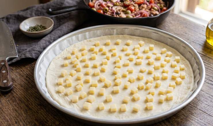 Srotolate il primo rotolo di pasta sfoglia rettangolare direttamente su una teglia foderata con la sua carta forno. Distribuite sulla base la metà della scamorza tagliata a cubetti piccolissimi o grattugiata a fori larghi. Versate sopra il composto di cipolle, tonno e pomodorini ormai tiepido, livellandolo bene, e completate la farcitura ricoprendo con la restante parte di scamorza.