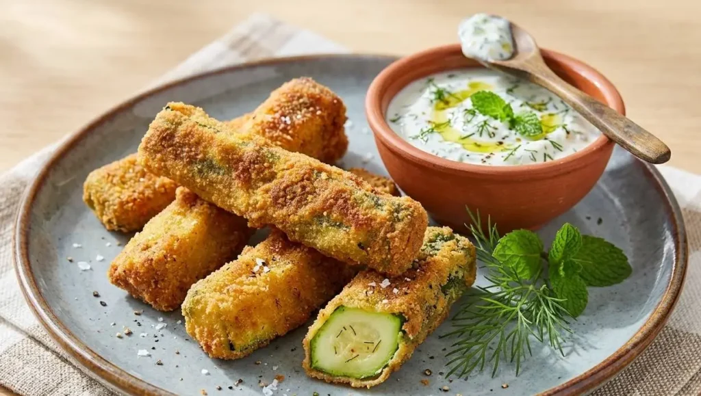 Zucchine stick croccanti con salsa Bastoncini di zucchine impanati e croccanti su piatto grigio con ciotola di salsa allo yogurt e aneto, decorati con menta fresca e fiocchi di sale.