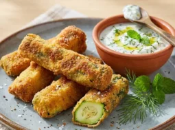 Bastoncini di zucchine impanati e croccanti su piatto grigio con ciotola di salsa allo yogurt e aneto, decorati con menta fresca e fiocchi di sale.