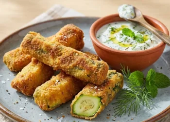 Bastoncini di zucchine impanati e croccanti su piatto grigio con ciotola di salsa allo yogurt e aneto, decorati con menta fresca e fiocchi di sale.