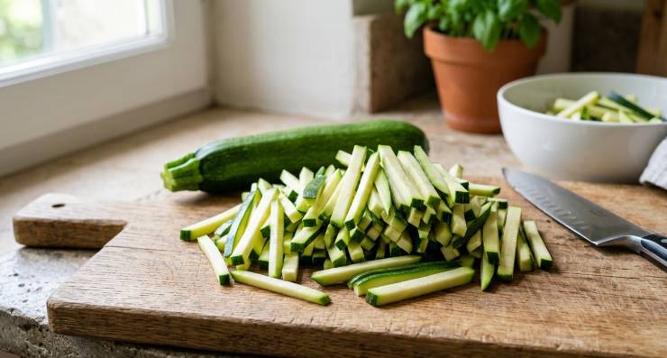 Lavate accuratamente le zucchine sotto l’acqua corrente, spuntatele alle estremità e tagliatele nel senso della lunghezza, ricavandone tanti bastoncini che abbiano possibilmente la stessa dimensione e spessore per garantire una cottura uniforme. Trasferite tutti i bastoncini ottenuti all’interno di una ciotola molto capiente. Irrorate con un filo di olio extravergine di oliva, regolate di sale e di pepe secondo il vostro gusto, quindi mescolate con cura per fare in modo che il condimento si distribuisca su ogni pezzo.