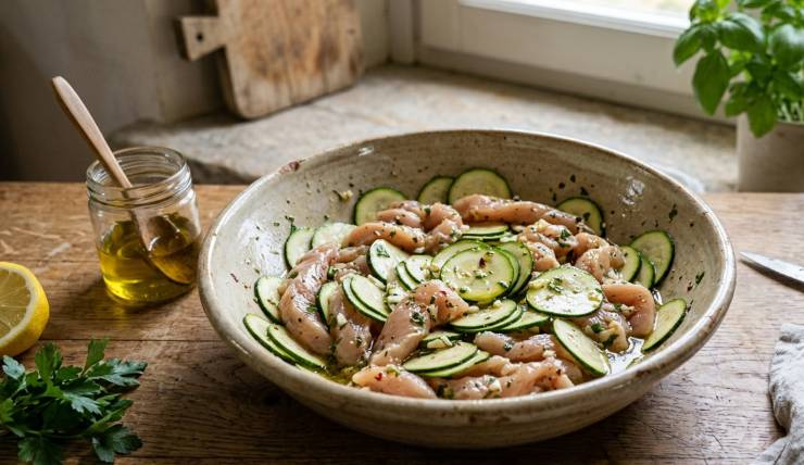 In un’ampia insalatiera, unite gli straccetti di pollo ormai freddi e le zucchine marinate insieme al succo di limone. Aggiungete le scaglie di parmigiano reggiano ed i pinoli tostati. Completate con una grattugiata leggera di scorza di limone in superficie ed una generosa macinata di pepe nero. Mescolate delicatamente il tutto, lasciate riposare in frigorifero per 15 minuti prima di servire: buon appetito!
