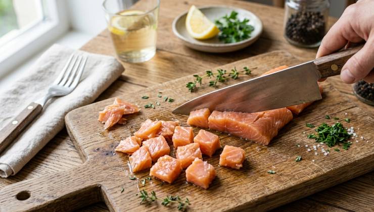 Prendete un’insalatiera capiente. Trasferitevi all’interno le patate a cubetti ormai fredde e le zucchine intiepidite. Aggiungete il salmone affumicato tagliato a listarelle o a pezzetti. Arricchite il piatto con il prezzemolo fresco tritato finemente, qualche fogliolina di timo e qualche goccia di succo di limone fresco. Completate con un ultimo giro di olio extravergine d’oliva a crudo. Mescolate delicatamente tutti gli ingredienti per fare amalgamare i sapori. Riponete in frigorifero fino al momento di consumare.