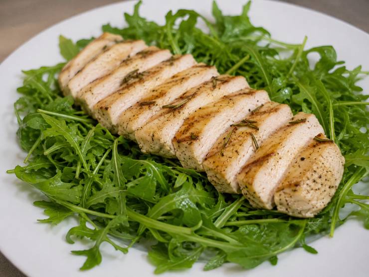 Lavate accuratamente la rucola ed i pomodorini, tagliate i primi a metà e conditeli in una ciotola con un pizzico di sale e un filo d’olio. Quando il pollo sarà freddo, affettatelo con un coltello ben affilato in senso obliquo per ottenere delle fettine di circa 1,5 cm di spessore (la classica tagliata). Componete il piatto: create una base con la rucola fresca, distribuite sopra i pomodorini ed adagiatevi le fette di tagliata di pollo.