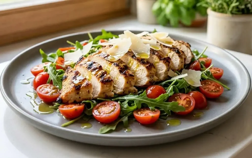 tagliata-pollo-fredda-rucola-pomodorini Tagliata di pollo fredda succosa e morbida su un letto di rucola fresca e pomodorini con scaglie di Parmigiano Reggiano, servita su un piatto moderno.