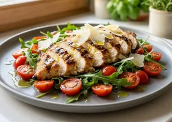 Tagliata di pollo fredda succosa e morbida su un letto di rucola fresca e pomodorini con scaglie di Parmigiano Reggiano, servita su un piatto moderno.