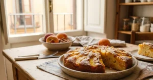 Torta alle pesche e mandorle Torta soffice alle pesche e mandorle appena sfornata su un tavolo di legno in una cucina luminosa
