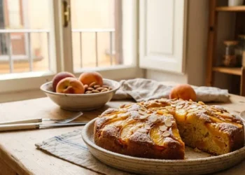 Torta soffice alle pesche e mandorle appena sfornata su un tavolo di legno in una cucina luminosa