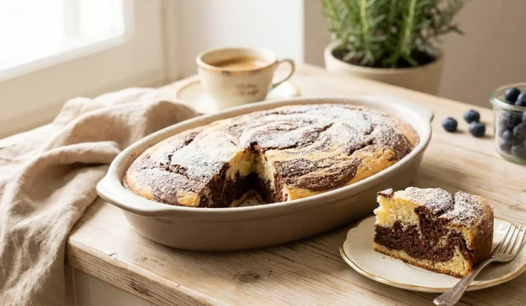 Torta bicolore soffice alla ricotta e cacao tagliata a fette su un piattino da colazione