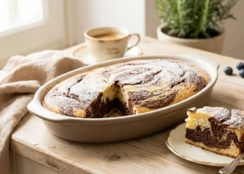 Torta bicolore soffice alla ricotta e cacao tagliata a fette su un piattino da colazione