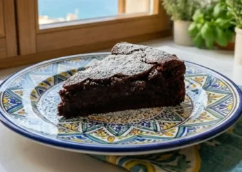 Una fetta di Torta Caprese ricca e umida al cioccolato e mandorle con zucchero a velo, servita su un piatto di ceramica vietrese colorata in una luminosa cucina mediterranea