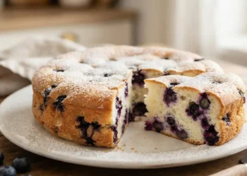 Torta di ricotta e mirtilli soffice tagliata a fette su un piatto bianco, adagiata su un tavolo in legno con mirtilli freschi intorno.