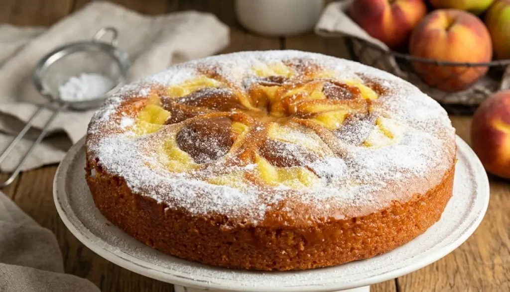 Primo piano di una torta di pesche e mele soffice cotta in friggitrice ad aria, spolverata con zucchero a velo, su un'alzata di ceramica rustica.