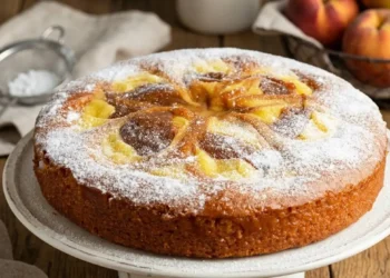 Primo piano di una torta di pesche e mele soffice cotta in friggitrice ad aria, spolverata con zucchero a velo, su un'alzata di ceramica rustica.