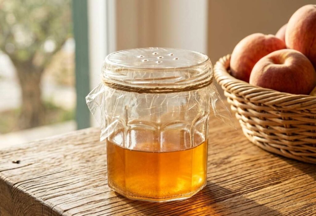 Primo piano di una trappola per moscerini della frutta fai-da-te: un barattolo di vetro con aceto di mele all'interno, coperto da pellicola trasparente con piccoli fori e fissato con spago, su un tavolo di legno. Sullo sfondo un cesto di pesche e banane.