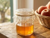 Primo piano di una trappola per moscerini della frutta fai-da-te: un barattolo di vetro con aceto di mele all'interno, coperto da pellicola trasparente con piccoli fori e fissato con spago, su un tavolo di legno. Sullo sfondo un cesto di pesche e banane.