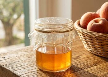 trappola-moscerini-aceto-mele-fai-da-te Primo piano di una trappola per moscerini della frutta fai-da-te: un barattolo di vetro con aceto di mele all'interno, coperto da pellicola trasparente con piccoli fori e fissato con spago, su un tavolo di legno. Sullo sfondo un cesto di pesche e banane.