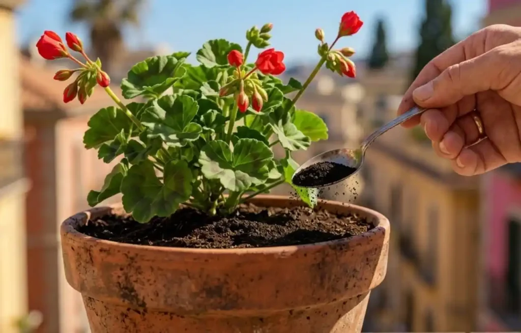 trucco-cucchiaino-naturale-per-gerani-senza-fiori Mano che usa un cucchiaino per mettere del concime naturale in polvere nel vaso di un geranio sul balcone
