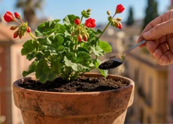 Mano che usa un cucchiaino per mettere del concime naturale in polvere nel vaso di un geranio sul balcone