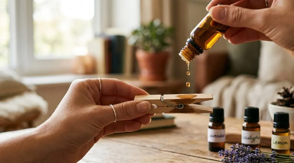 Mani che versano gocce di olio essenziale su una molletta da bucato in legno, con boccette di essenze e fiori di lavanda sullo sfondo.
