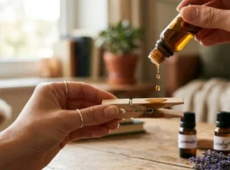 Profumatore fai da te con molletta e oli essenziali Mani che versano gocce di olio essenziale su una molletta da bucato in legno, con boccette di essenze e fiori di lavanda sullo sfondo.