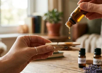 Profumatore fai da te con molletta e oli essenziali Mani che versano gocce di olio essenziale su una molletta da bucato in legno, con boccette di essenze e fiori di lavanda sullo sfondo.