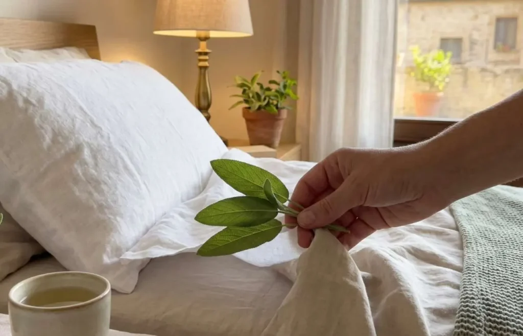 trucco-naturale-foglie-di-salvia-sotto-cuscino-caldo-estate Mano che infila alcune foglie di salvia fresca sotto la federa di un cuscino bianco da letto