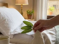 Mano che infila alcune foglie di salvia fresca sotto la federa di un cuscino bianco da letto
