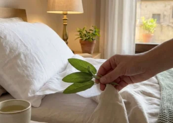 trucco-naturale-foglie-di-salvia-sotto-cuscino-caldo-estate Mano che infila alcune foglie di salvia fresca sotto la federa di un cuscino bianco da letto