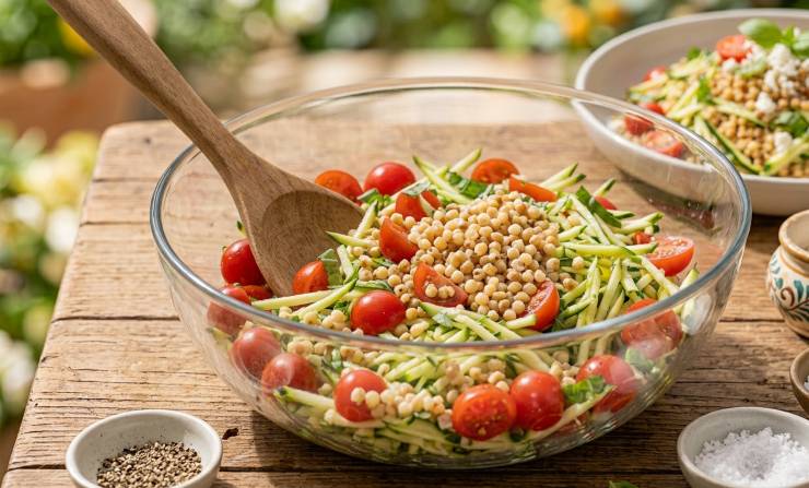 Aggiungete alla ciotola con le verdure la fregola ormai fredda. Unite la ricotta salata precedentemente grattugiata a scaglie o sbriciolata grossolanamente. Sminuzzate a mano le foglie di basilico fresco e aggiungetele al mix. Completate il piatto con i restanti due cucchiai di olio extravergine d’oliva, una generosa macinata di pepe nero e regolate di sale se necessario. Mescolate con cura tutti gli ingredienti, coprite la ciotola e lasciate riposare in frigorifero per almeno 30 minuti prima di servire, così da far amalgamare perfettamente tutti i sapori.