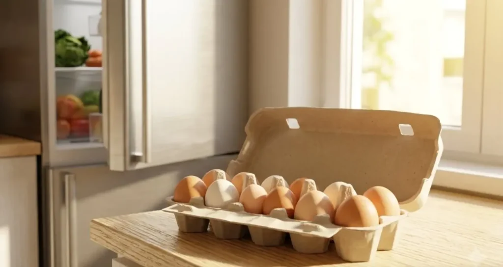 uova-in-estate-fuori-o-in-frigo-conservazione Cartone di uova fresche sul piano della cucina per la conservazione in estate