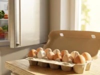 Cartone di uova fresche sul piano della cucina per la conservazione in estate