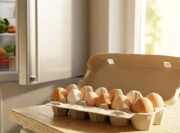 uova-in-estate-fuori-o-in-frigo-conservazione Cartone di uova fresche sul piano della cucina per la conservazione in estate