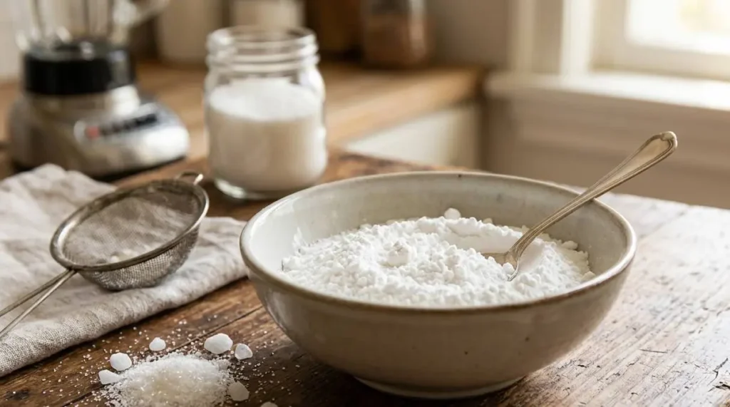 Come fare lo zucchero a velo in casa Zucchero a velo fatto in casa in una ciotola con frullatore e zucchero semolato su tavolo di legno