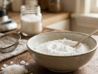 Zucchero a velo fatto in casa in una ciotola con frullatore e zucchero semolato su tavolo di legno