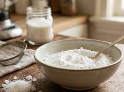 Come fare lo zucchero a velo in casa Zucchero a velo fatto in casa in una ciotola con frullatore e zucchero semolato su tavolo di legno