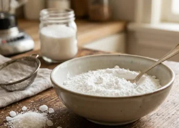 Zucchero a velo fatto in casa in una ciotola con frullatore e zucchero semolato su tavolo di legno