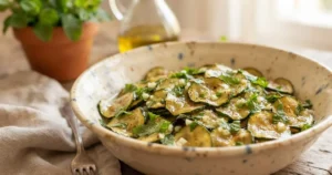 Piatto di ceramica con zucchine alla scapece condite con aglio, aceto e menta fresca pronte da servire