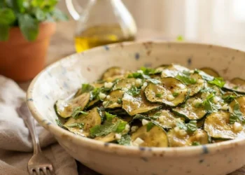 Piatto di ceramica con zucchine alla scapece condite con aglio, aceto e menta fresca pronte da servire