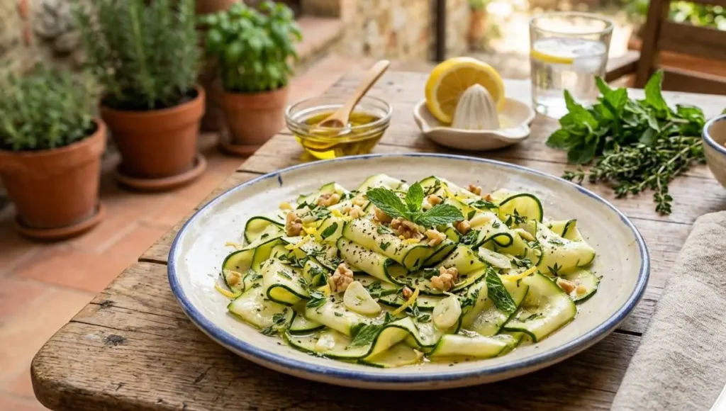 Zucchine marinate al limone fresche Piatto di zucchine marinate al limone con noci e menta fresca su un tavolo rustico all'aperto