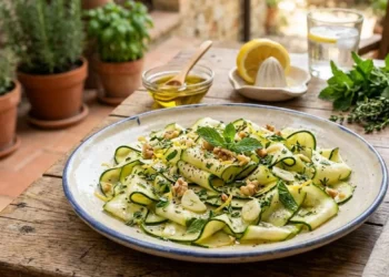 Piatto di zucchine marinate al limone con noci e menta fresca su un tavolo rustico all'aperto