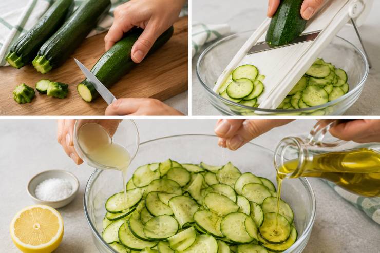 Lavate e spuntate le zucchine, poi utilizzando una mandolina, tagliatele sottilissime. Mettetele in una ciotolina, irroratele con il succo di limone filtrato, un filo d’olio extravergine d’oliva ed un pizzico di sale. Lasciate marinare per circa 10 minuti. In un padellino a parte, tostate i pinoli facendo attenzione a non bruciarli. Quando saranno leggermente dorati e profumati, spegnete il fuoco e lasciateli raffreddare.