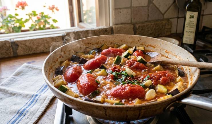 In una padella antiaderente scaldate un filo d’olio e dorate l’aglio. Aggiungete, se gradite, il peperoncino. Unite melanzane e zucchine a cubetti e fatele rosolare finché saranno dorate e morbide, quindi salate e pepate. Aggiungete i pomodori pelati schiacciati e la panna fresca, mescolando bene. Completate con basilico e prezzemolo, poi lasciate sobbollire per 5-10 minuti, finché il sugo si sarà ristretto e insaporito.