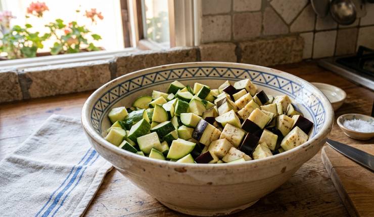 Nel frattempo, dedicatevi alla pulizia e al taglio delle verdure. Lavate accuratamente le zucchine, eliminate le estremità e riducetele a tocchetti regolari. Fate la stessa cosa con le melanzane: sciacquatele, spuntatele e tagliatele a cubetti di dimensioni simili a quelle delle zucchine.