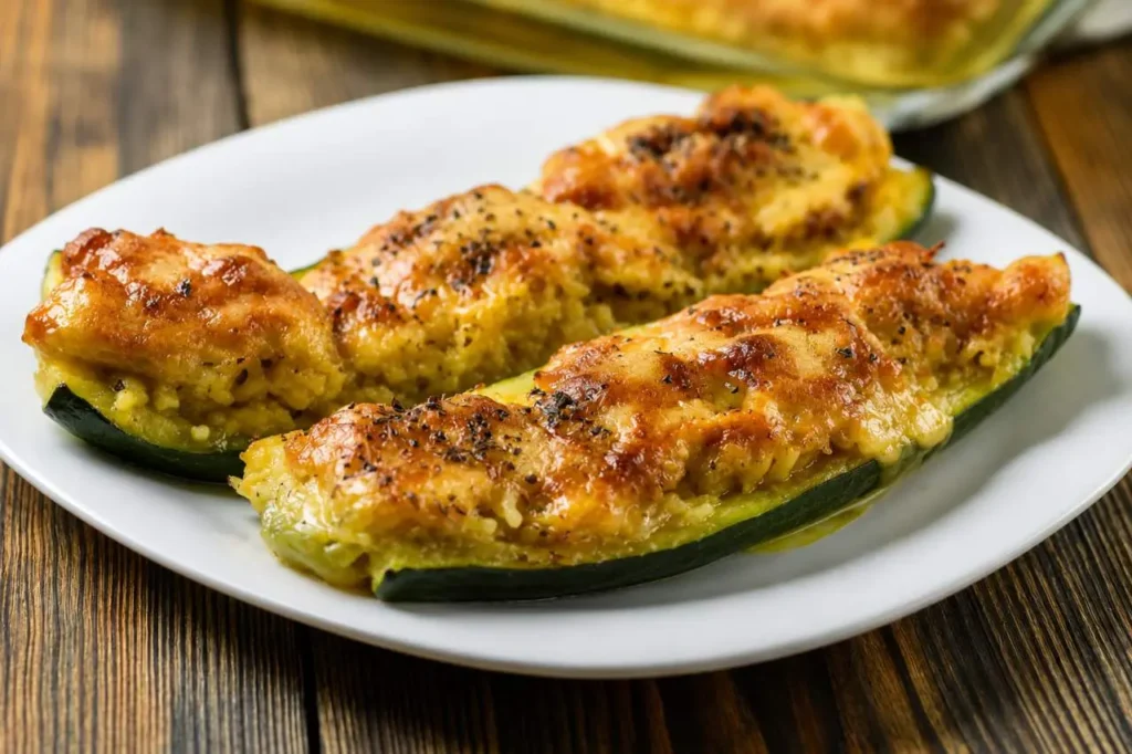 Due gustose zucchine ripiene alla ligure, con una ricca gratinatura dorata, servite su un piatto bianco su un tavolo di legno rustico.