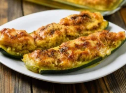 Due gustose zucchine ripiene alla ligure, con una ricca gratinatura dorata, servite su un piatto bianco su un tavolo di legno rustico.