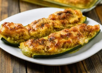 Due gustose zucchine ripiene alla ligure, con una ricca gratinatura dorata, servite su un piatto bianco su un tavolo di legno rustico.