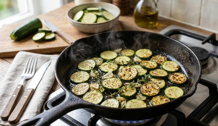 Versate un filo di olio extravergine di oliva in una padella antiaderente e fate rosolare lo spicchio d’aglio intero per profumare l’olio. Quando sarà dorato, rimuovetelo dalla padella. Lavate le zucchine, spuntatele e tagliatele a rondelle sottili. Tuffatele nella padella, regolate di sale e pepe e fatele saltare a fuoco medio per circa 10 minuti, mantenendole leggermente croccanti.